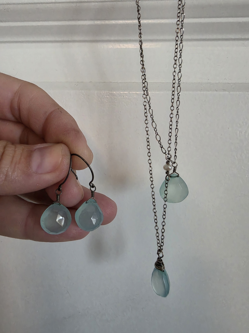 Delicate aquamarine Teardrop Necklaces (2) & Earrings Set sterling silver artisa